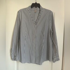 CHICOS Womens Button TOP Long Sleeve BLUE White STRIPE Ruffle Size 2 (M24)